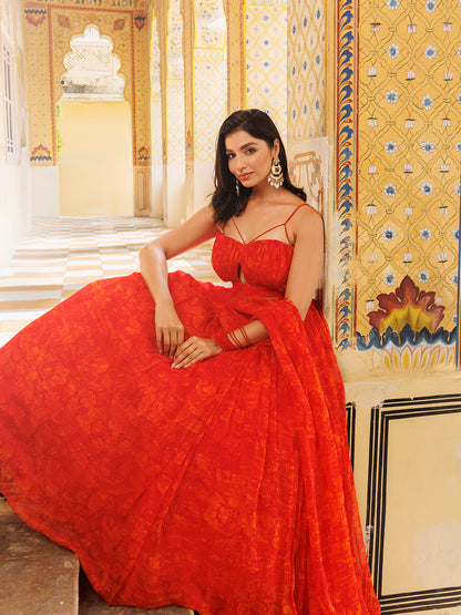 Orangeade Red Floral Printed Chiffon Lehenga Set
