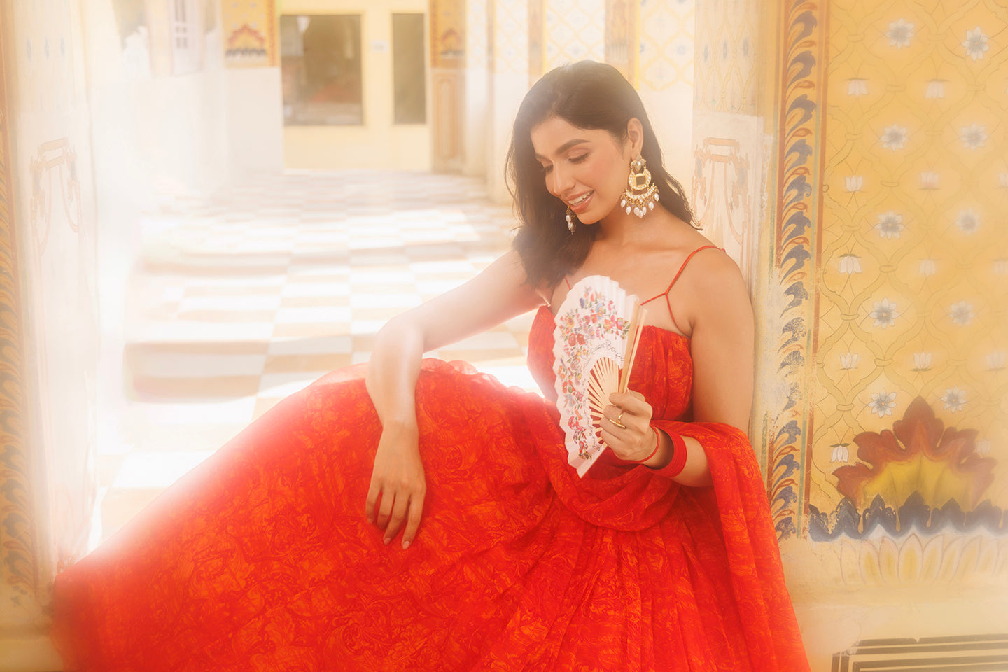 Orangeade Red Floral Printed Chiffon Lehenga Set