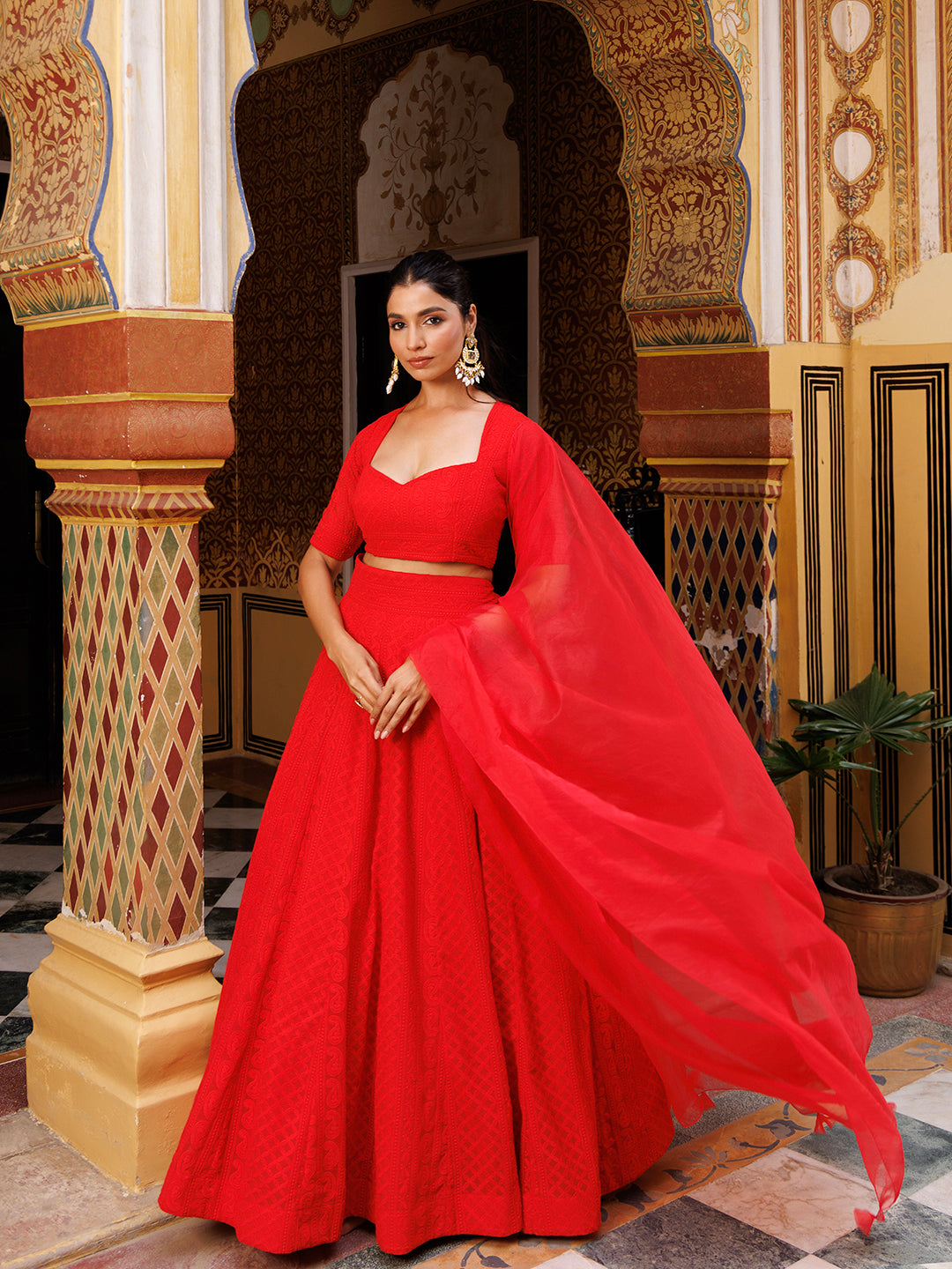 Fire Red Chikankari Lehenga Set