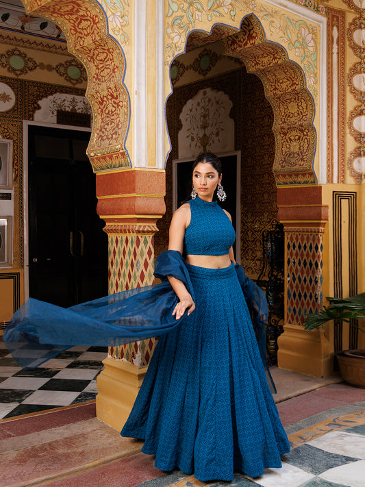 Bunting Indigo Blue Chikankari Lehenga Set