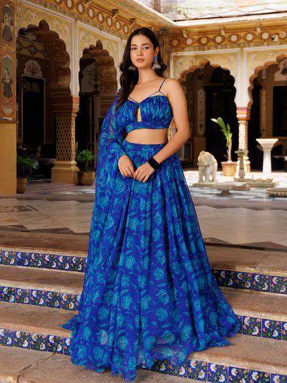 Lapis Blue Floral Printed Chiffon Lehenga Set
