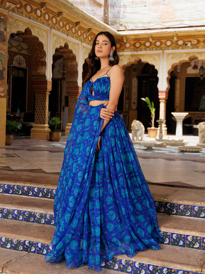 Lapis Blue Floral Printed Chiffon Lehenga Set
