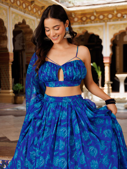 Lapis Blue Floral Printed Chiffon Lehenga Set