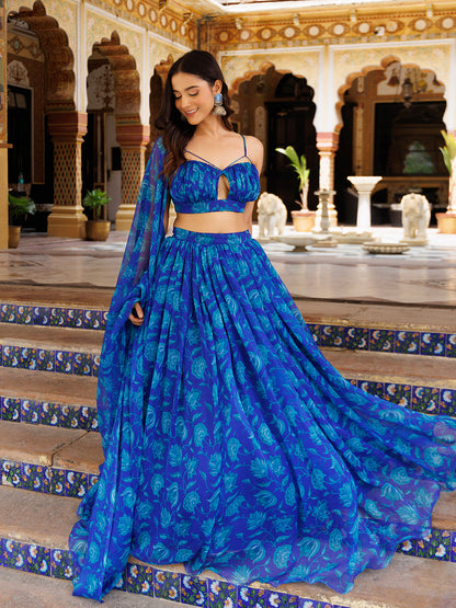 Lapis Blue Floral Printed Chiffon Lehenga Set
