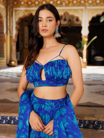 Lapis Blue Floral Printed Chiffon Lehenga Set