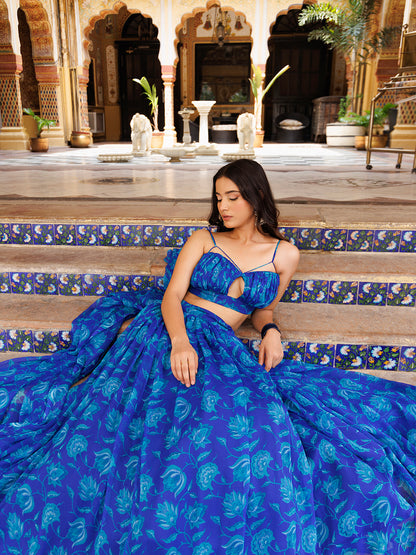 Lapis Blue Floral Printed Chiffon Lehenga Set