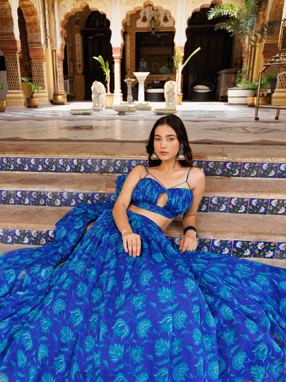 Lapis Blue Floral Printed Chiffon Lehenga Set