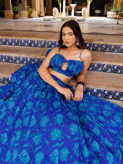 Lapis Blue Floral Printed Chiffon Lehenga Set