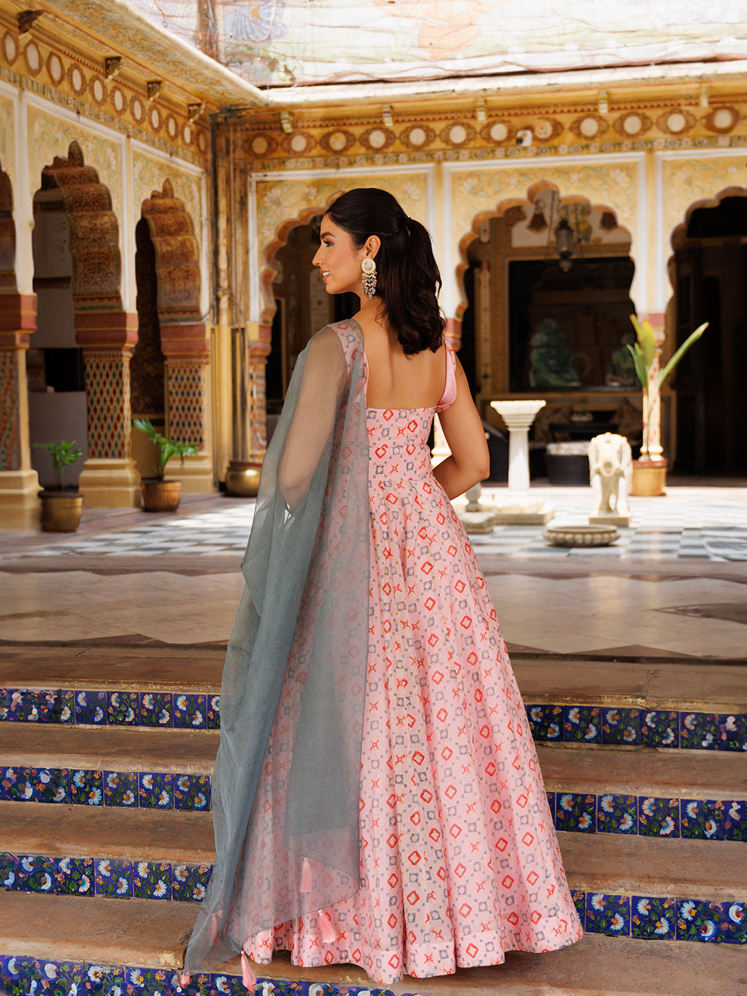 Seashell Pink Grey Chanderi Lehenga Set