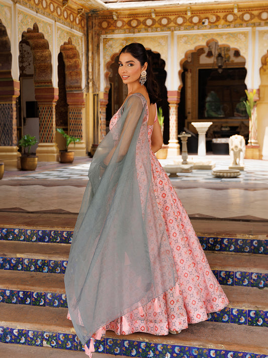 Seashell Pink Grey Chanderi Lehenga Set