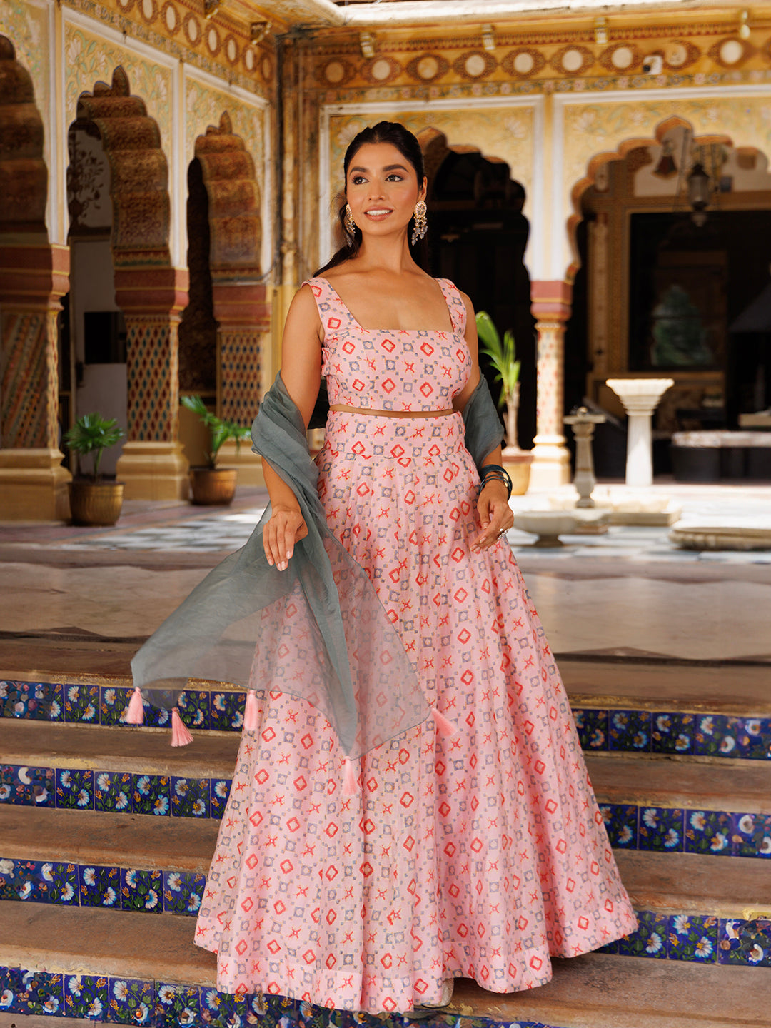 Seashell Pink Grey Chanderi Lehenga Set