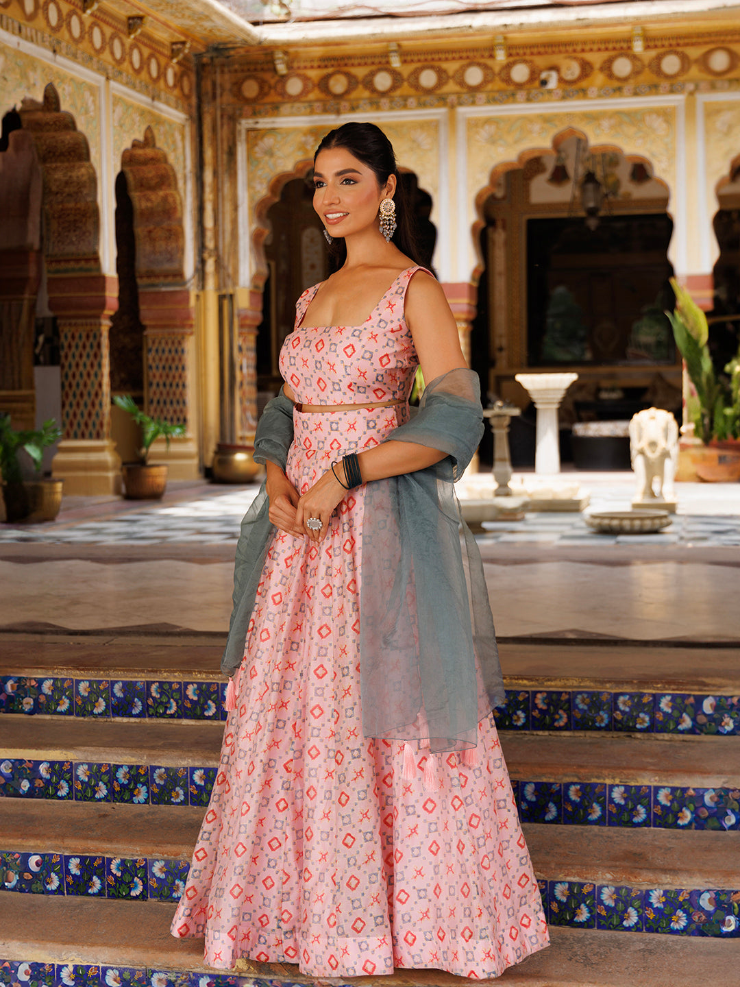 Seashell Pink Grey Chanderi Lehenga Set