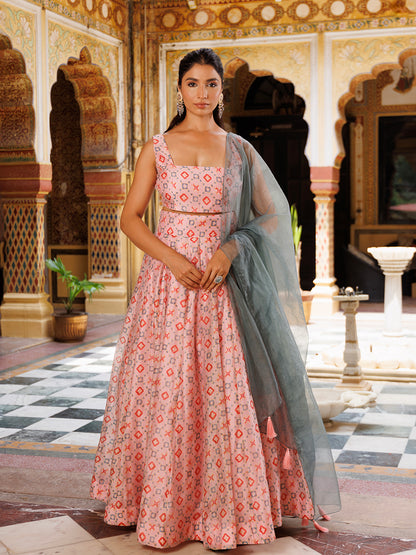 Seashell Pink Grey Chanderi Lehenga Set