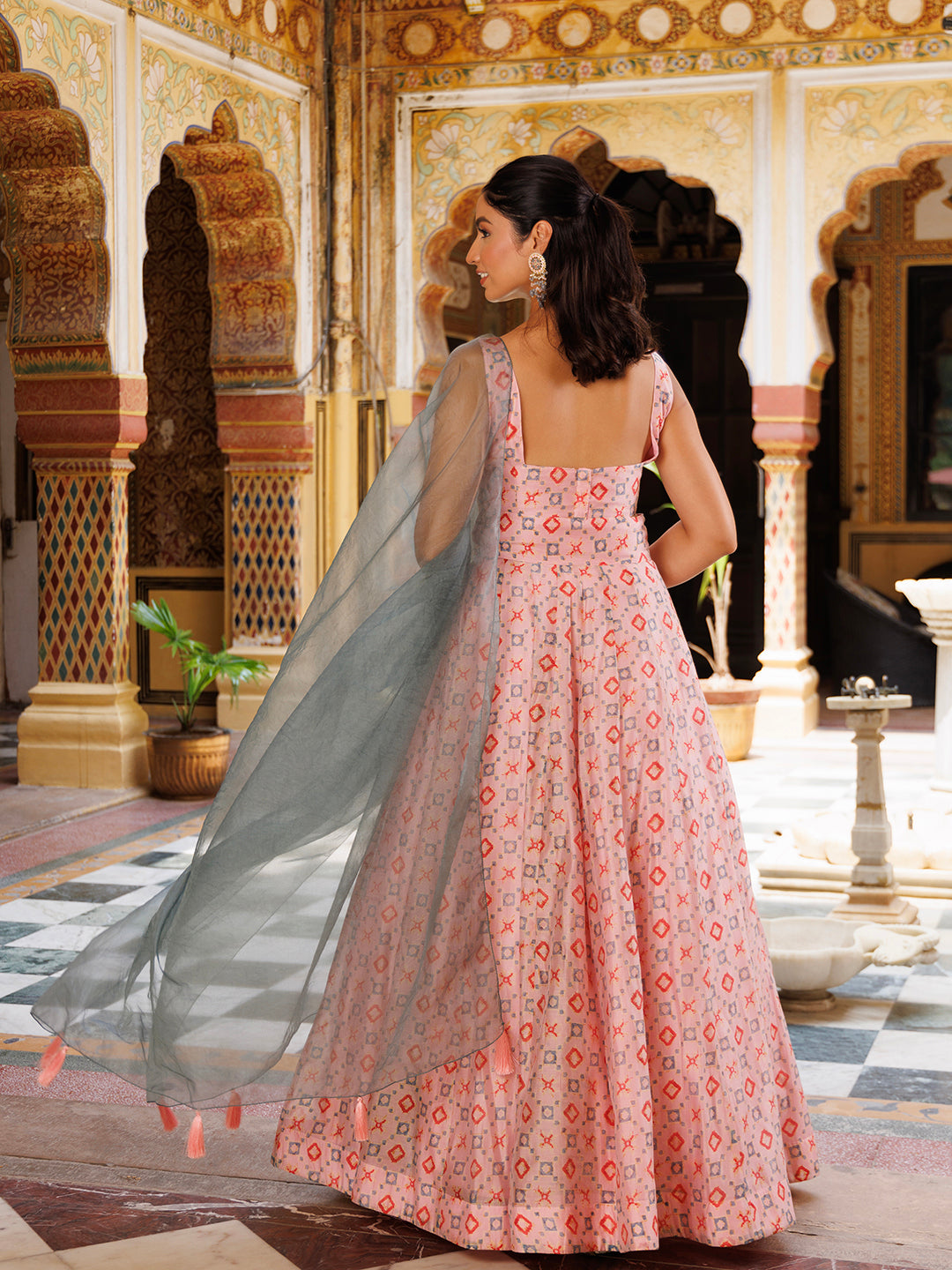 Seashell Pink Grey Chanderi Lehenga Set