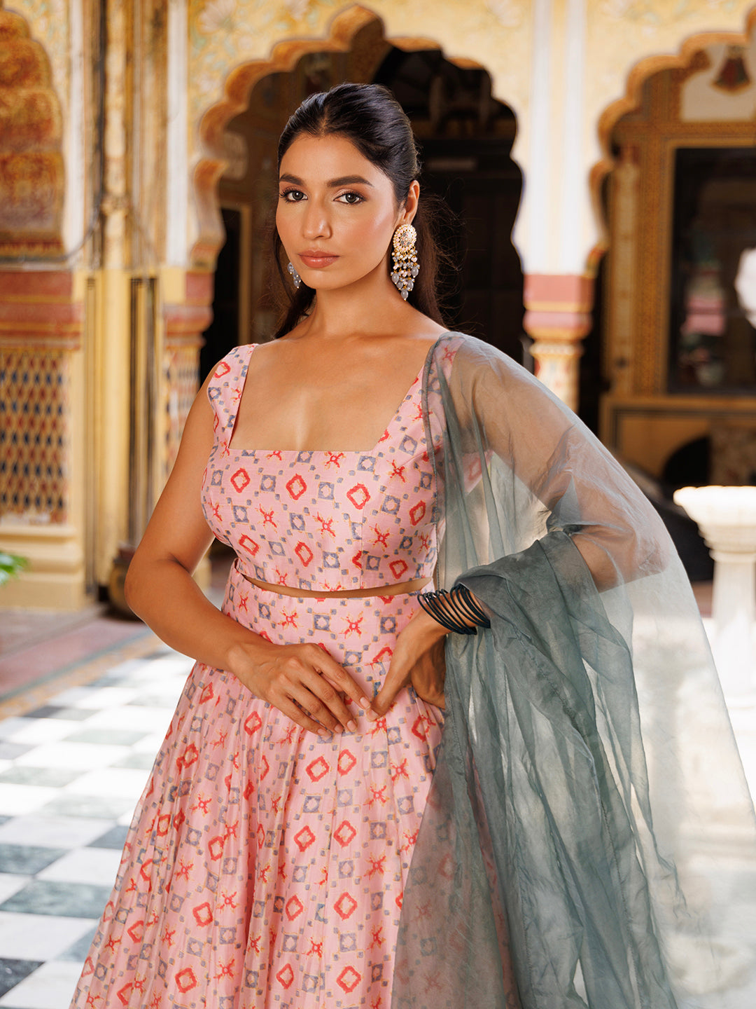 Seashell Pink Grey Chanderi Lehenga Set
