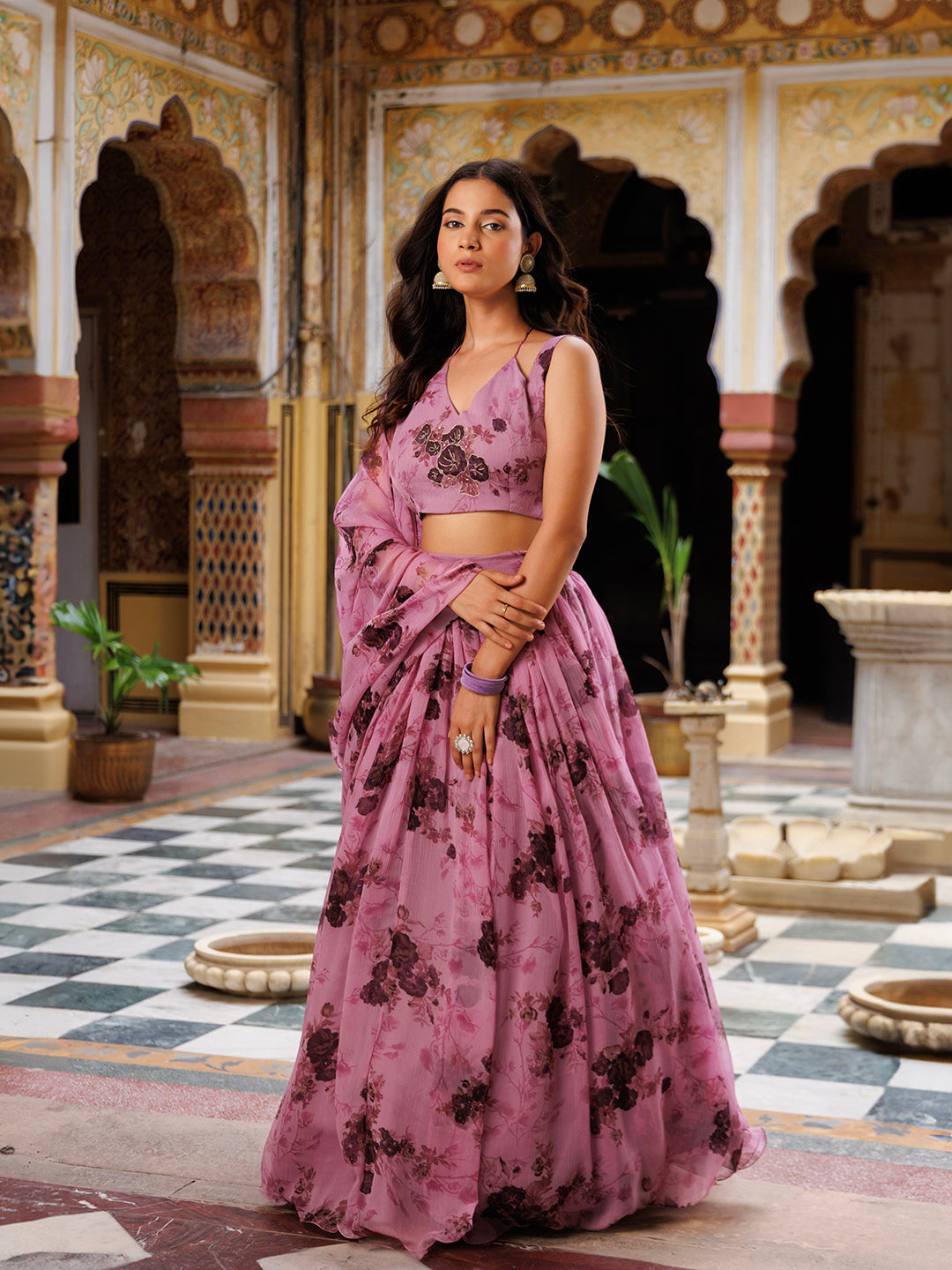 Mellow Mauve Floral Printed Chiffon Lehenga Set