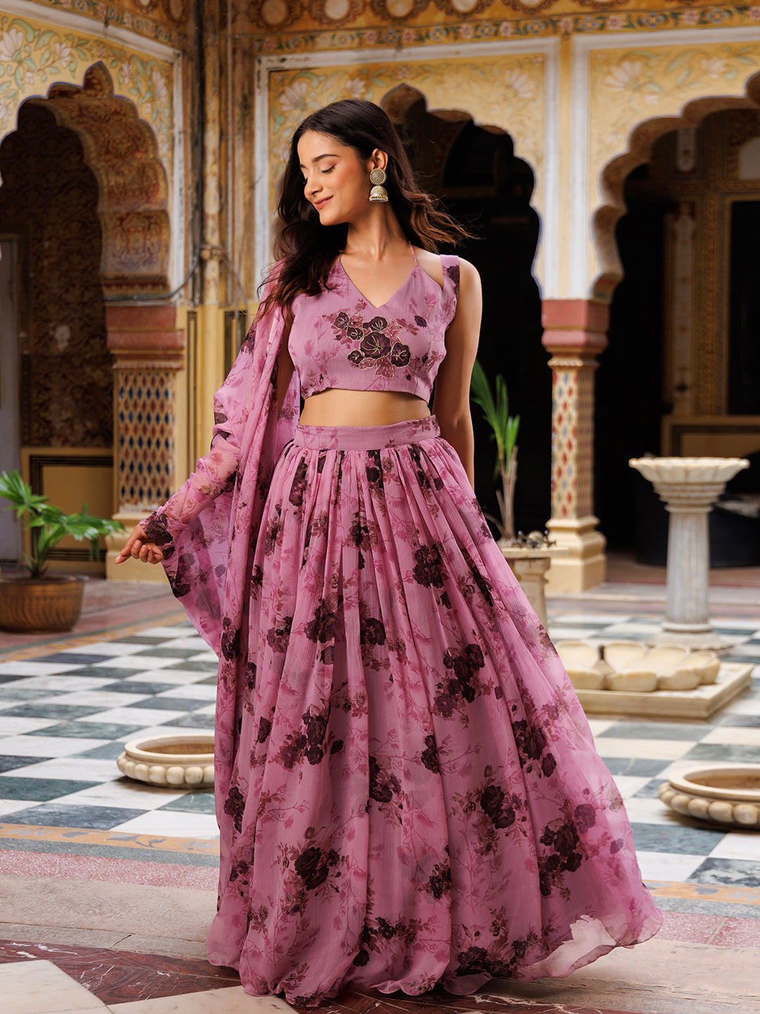 Mellow Mauve Floral Printed Chiffon Lehenga Set