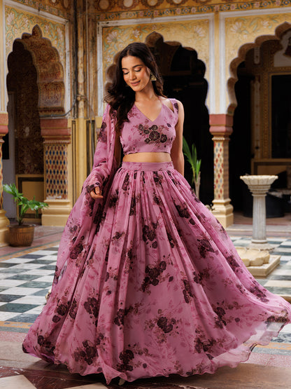 Mellow Mauve Floral Printed Chiffon Lehenga Set