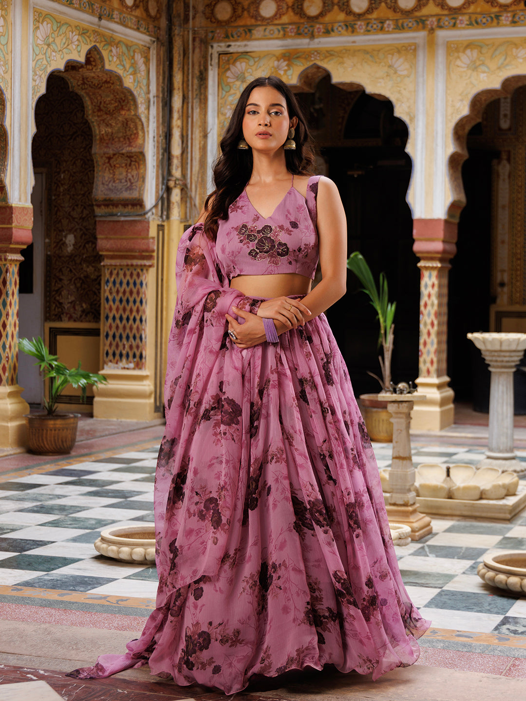 Mellow Mauve Floral Printed Chiffon Lehenga Set