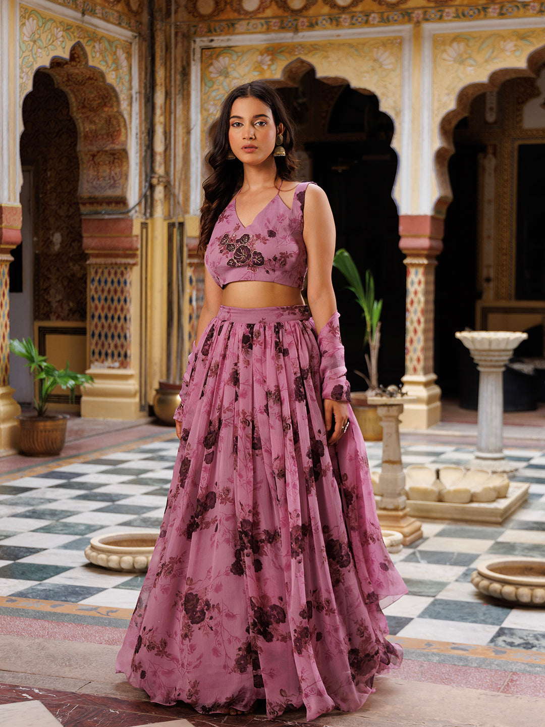 Mellow Mauve Floral Printed Chiffon Lehenga Set
