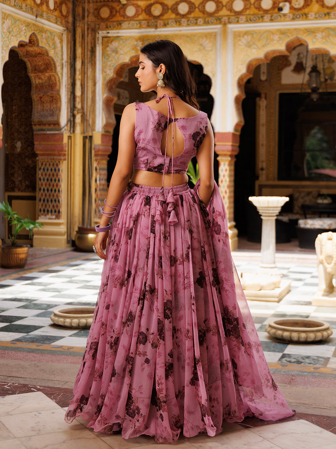Mellow Mauve Floral Printed Chiffon Lehenga Set