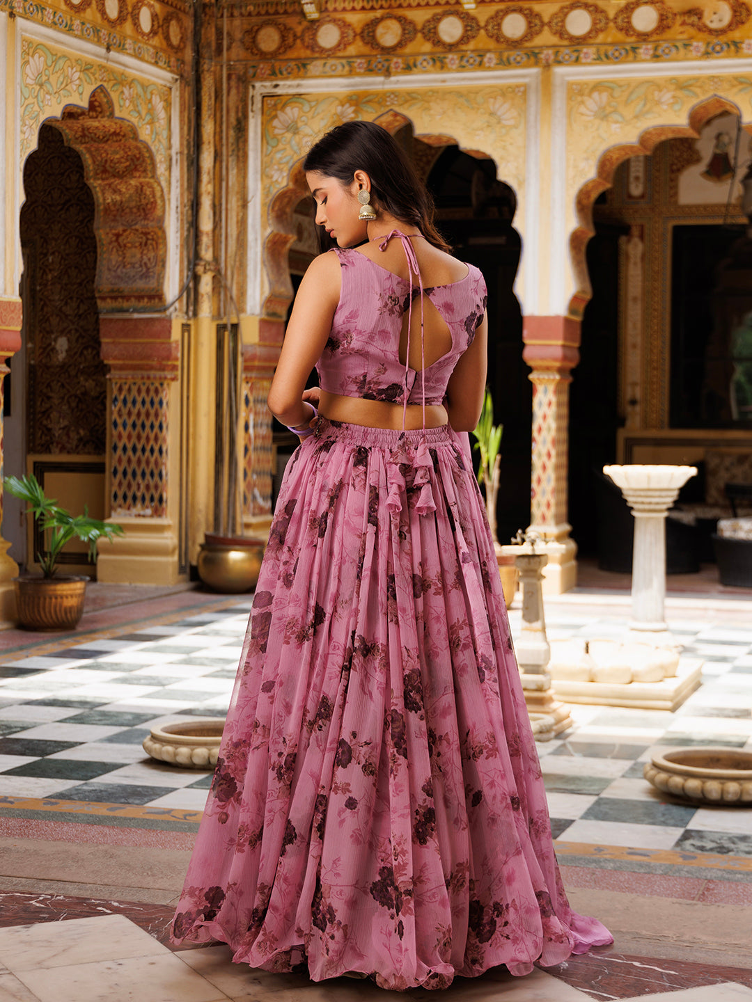 Mellow Mauve Floral Printed Chiffon Lehenga Set