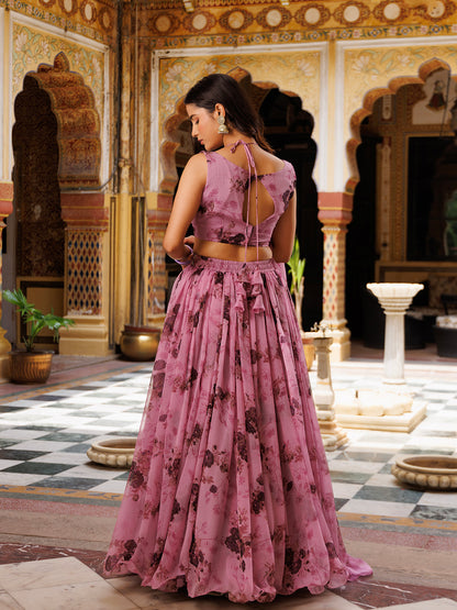 Mellow Mauve Floral Printed Chiffon Lehenga Set