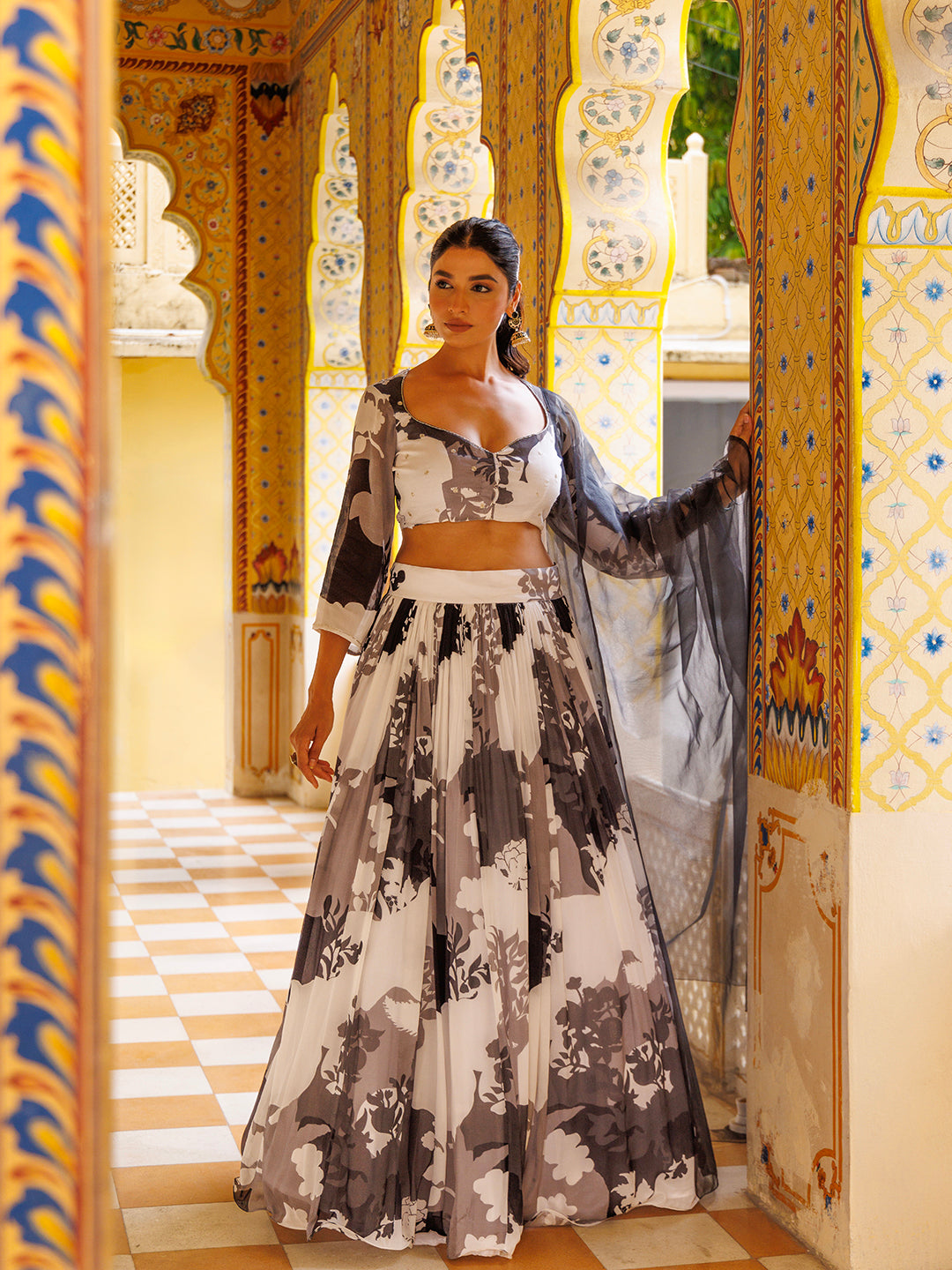 Black and White Floral Printed Lehenga Set