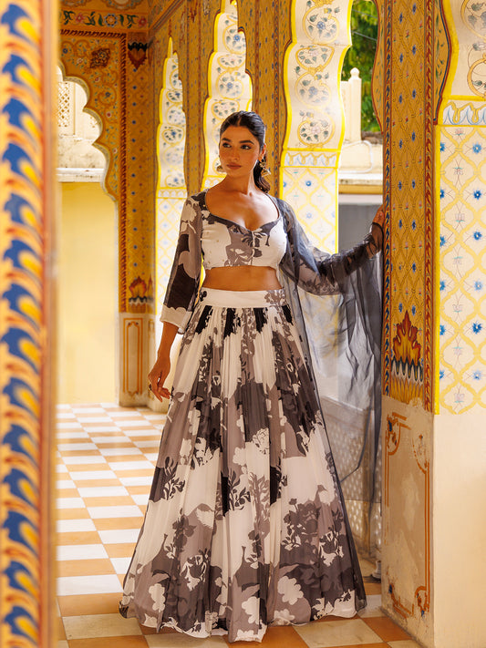 Black and White Floral Printed Lehenga Set