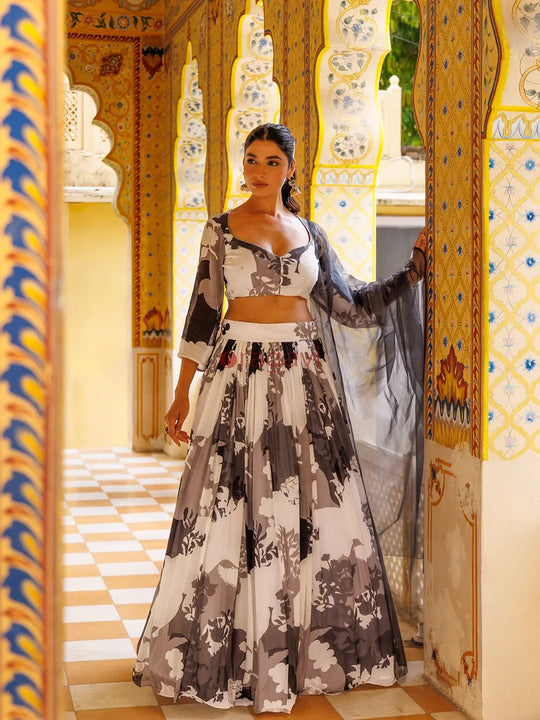 Black and White Floral Printed Lehenga Set - Ragavi