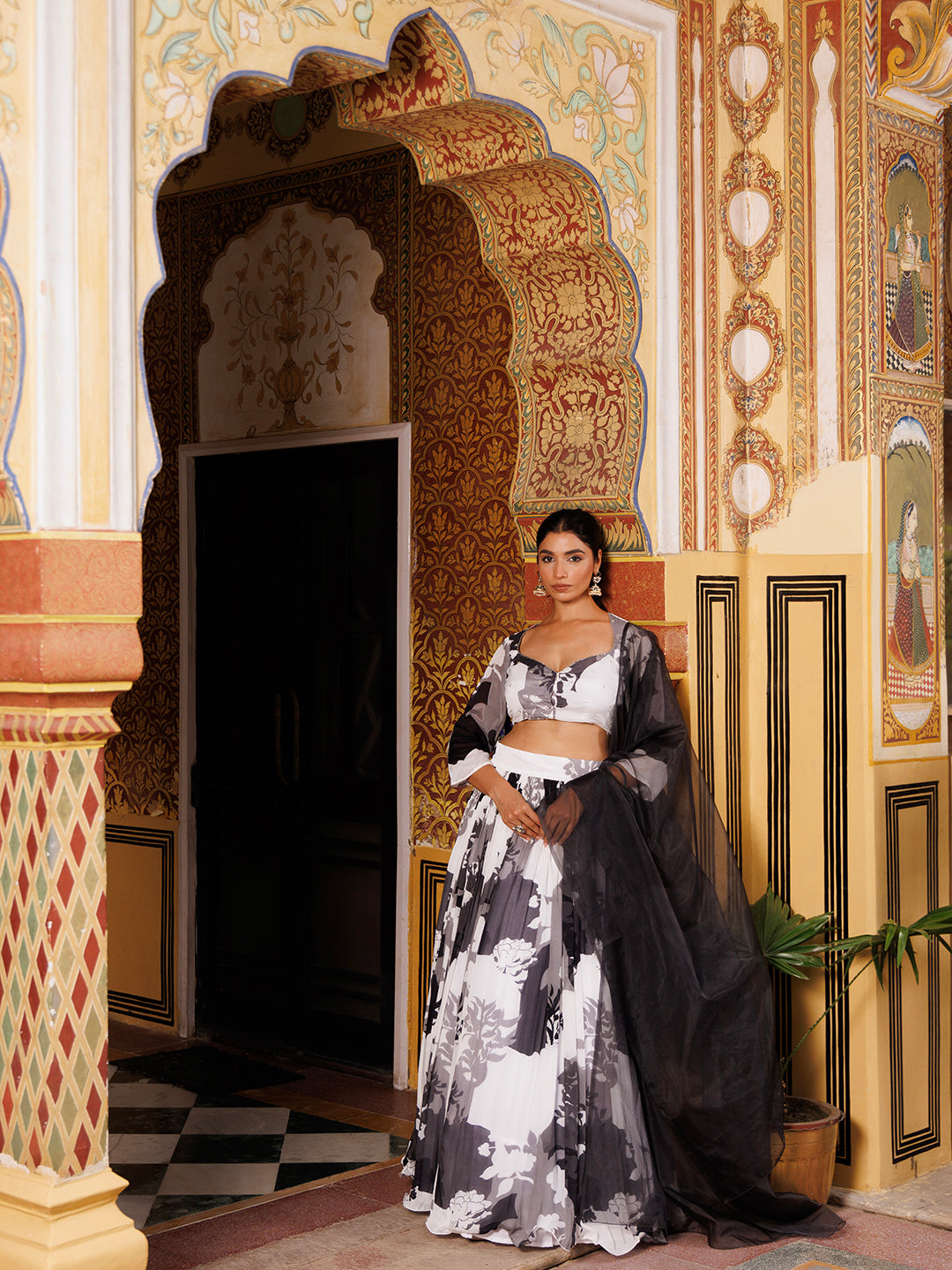 Black and White Floral Printed Lehenga Set