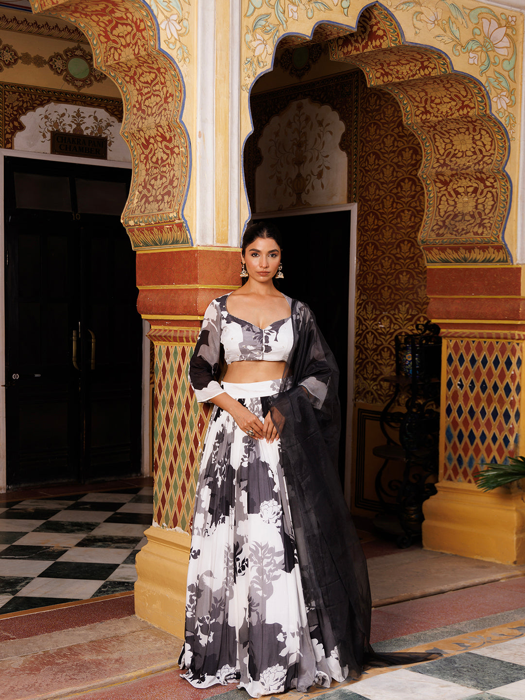 Black and White Floral Printed Lehenga Set