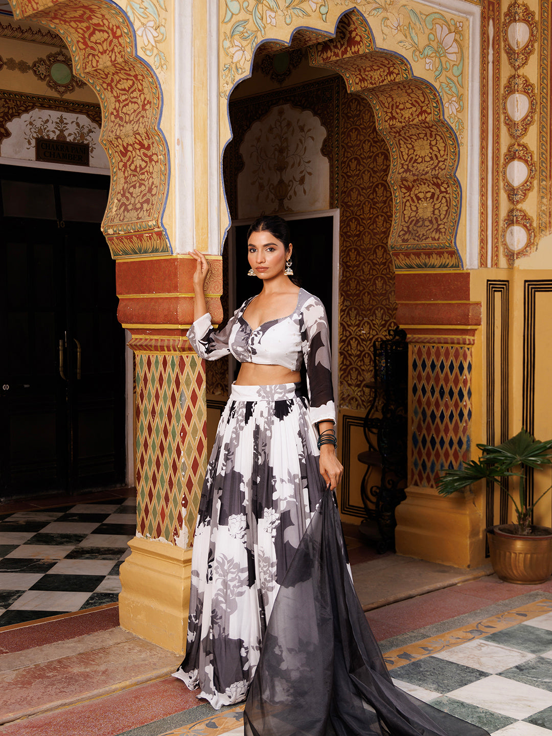 Black and White Floral Printed Lehenga Set