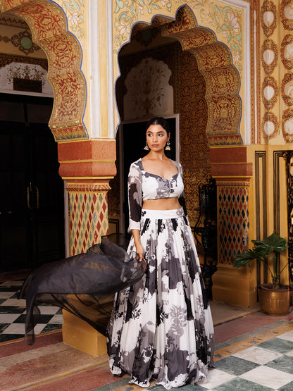 Black and White Floral Printed Lehenga Set