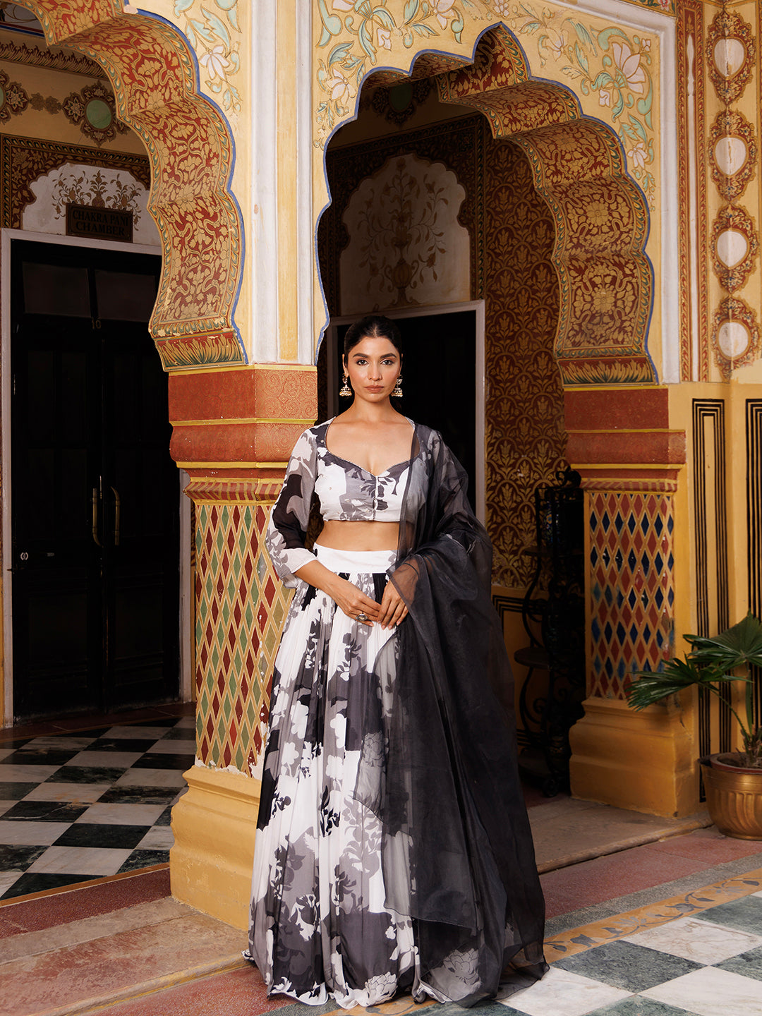 Black and White Floral Printed Lehenga Set