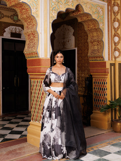 Black and White Floral Printed Lehenga Set