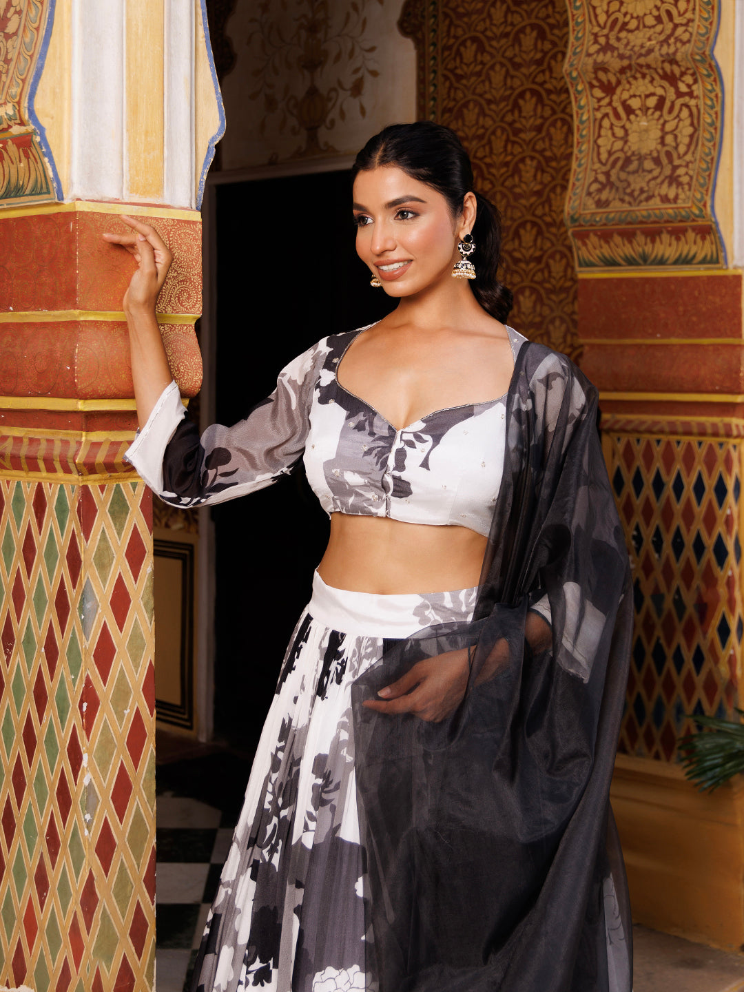 Black and White Floral Printed Lehenga Set