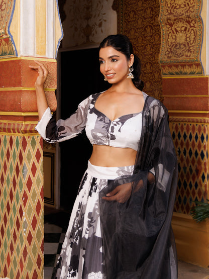 Black and White Floral Printed Lehenga Set
