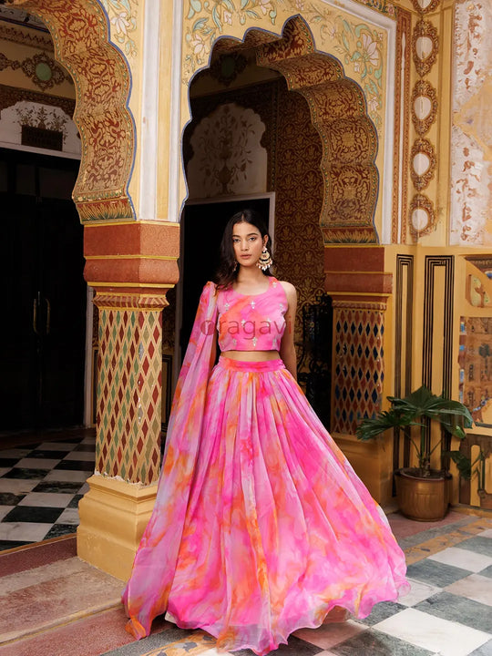 Raspberry Pink Chiffon Lehenga Set - Ragavi