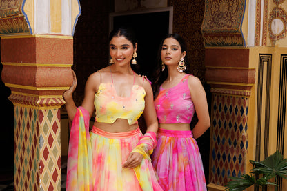 Lemondrop Yellow Pink Chiffon Lehenga Set