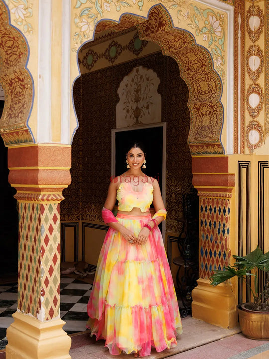 Lemondrop Yellow Pink Chiffon Lehenga Set - Ragavi