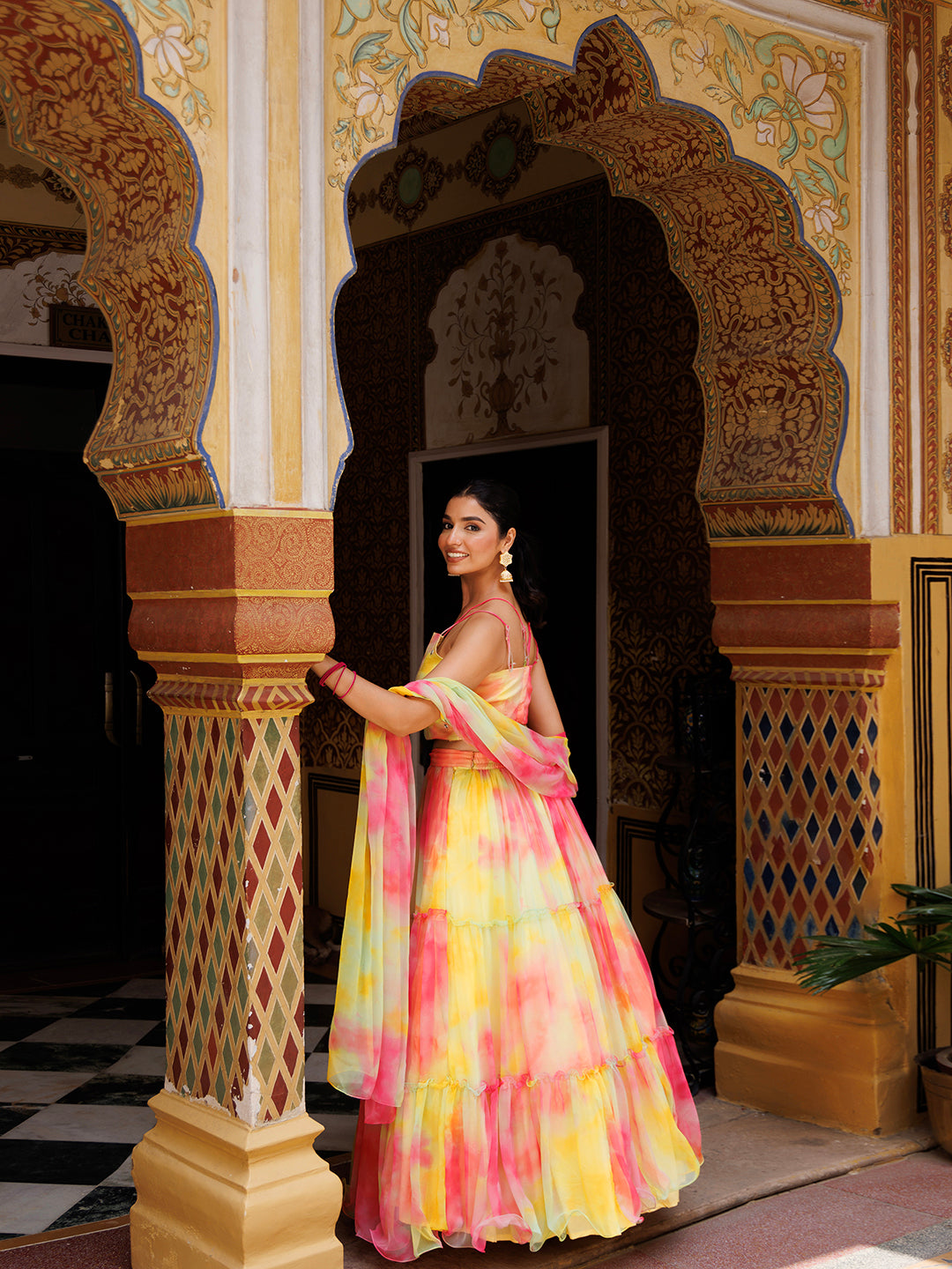 Lemondrop Yellow Pink Chiffon Lehenga Set