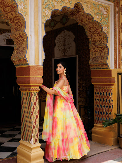 Lemondrop Yellow Pink Chiffon Lehenga Set