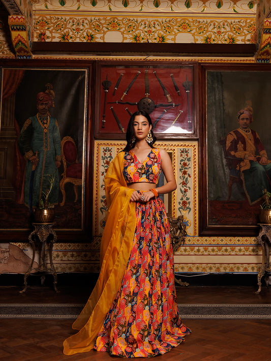 Mustard Floral Printed Chinon Lehenga