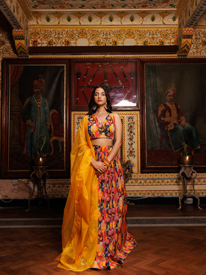 Mustard Floral Printed Chinon Lehenga