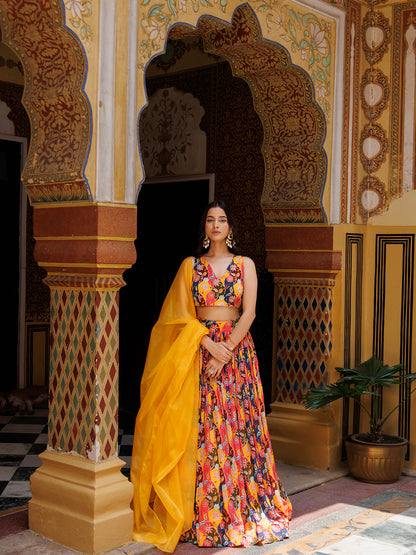 Mustard Floral Printed Chinon Lehenga