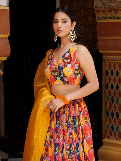 Mustard Floral Printed Chinon Lehenga