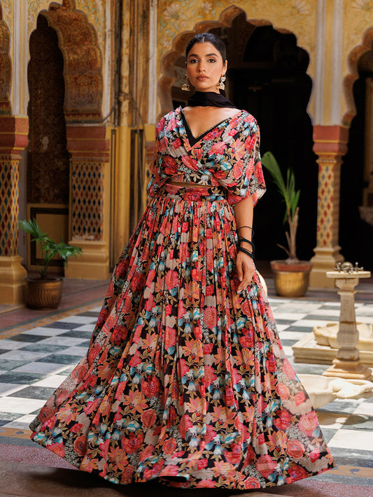 Black Floral Printed Chinon Lehenga