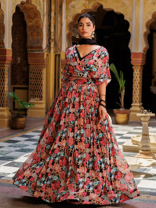 Black Floral Printed Chinon Lehenga - Ragavi