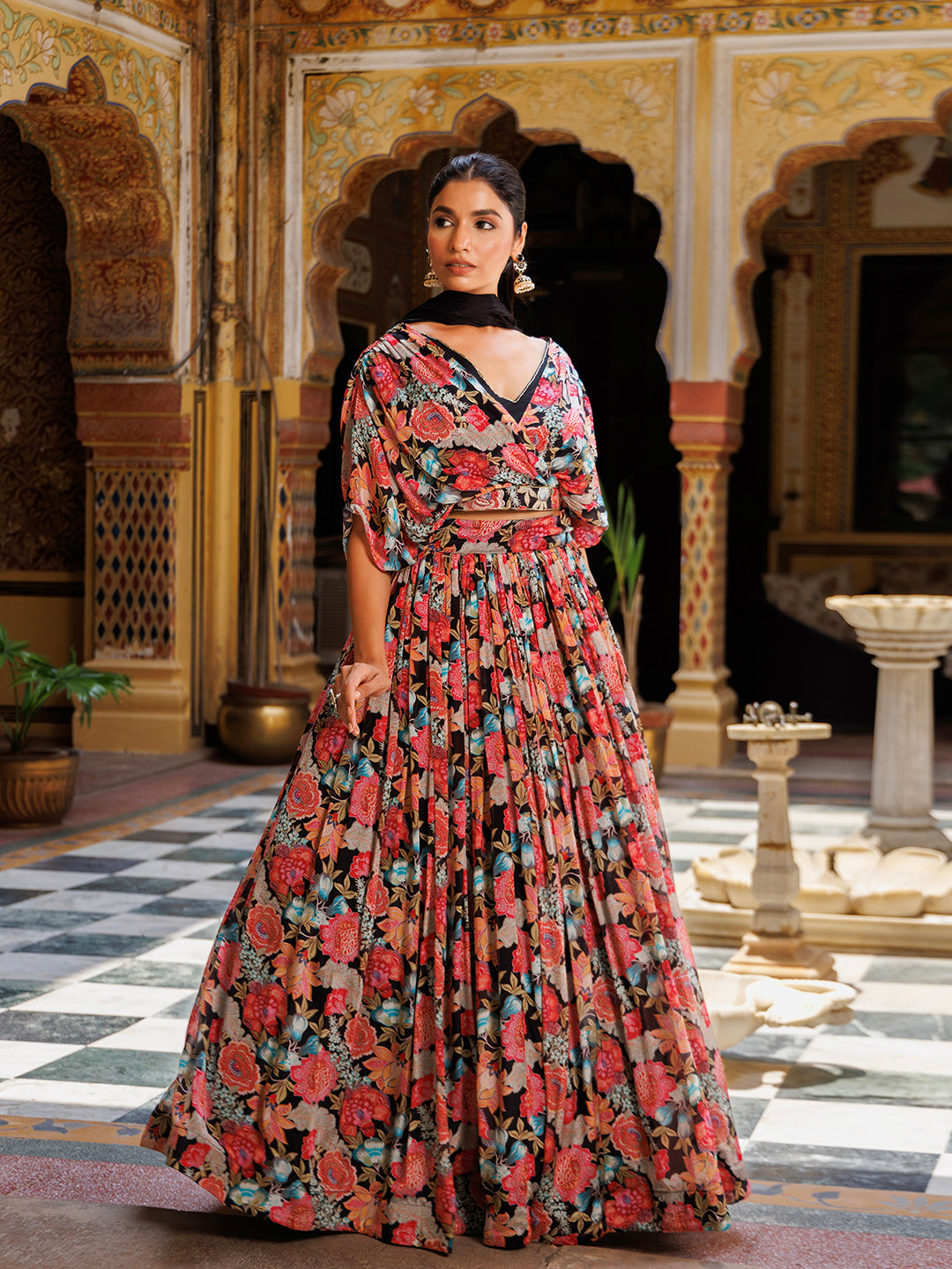 Black Floral Printed Chinon Lehenga